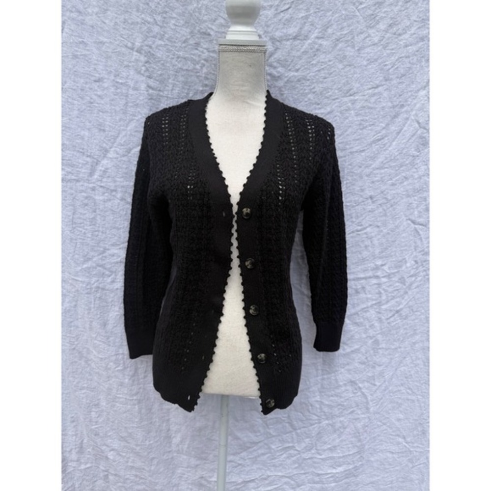 Wilfred Cardigan‎ Women Black Pointelle Scallop Trim V-Neck Sweater 2XS